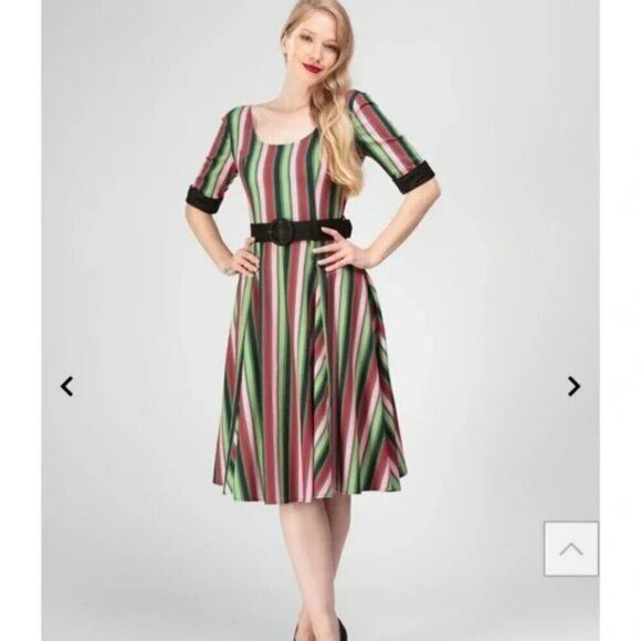 Collectif June Mountain Stripe 50’s Swing Dress Multi Belted Fit & Flare Small - Picture 1 of 11
